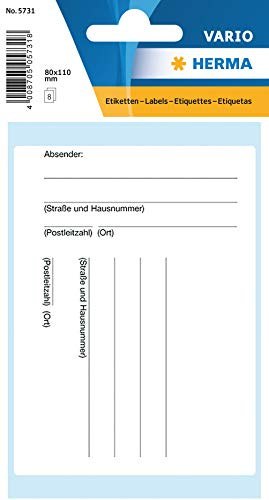 HERMA 5731 Adress-Aufkleber zur Handbeschriftung, 8 Stück, 80 x 110 mm, selbstklebend, matt, Papier Paketadressen Textetiketten für Päckchen und Pakete, weiß