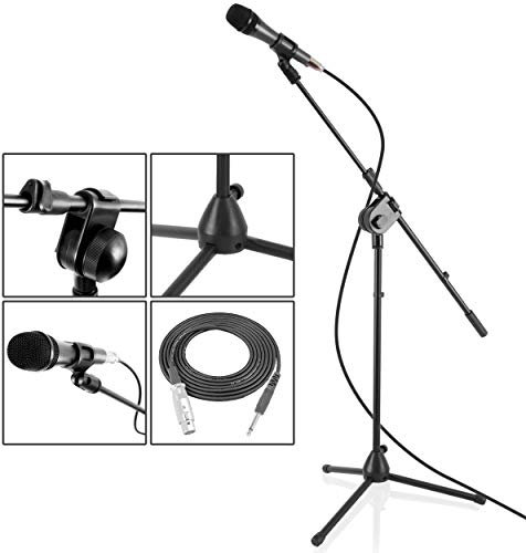 Pyle Dynamic Microphone with Adjustable Tripod Floor Stand, Professional Mic for Singing, Recording, Podcast & Stage Use, Black