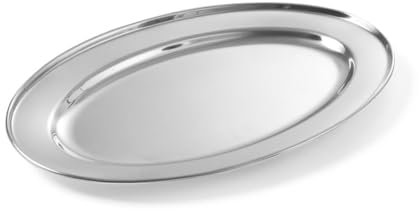 HENDI Plato oval de servicio, bandeja multiusos para cocina, decoración y presentación de alimentos, carnes y fiambres, fuente de fiesta, 400x260x(H) 27mm, acero inoxidable