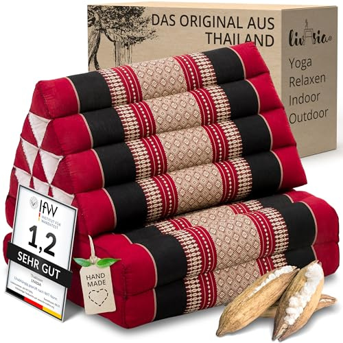 livasia Thai cushion with 2 seat rests - 47x20x3.1″ - Triangle cushion with seat cushion, Wedge cushion, kapok, Back support cushion, folding, Thai mat, folding, Hand made (Red/Black)