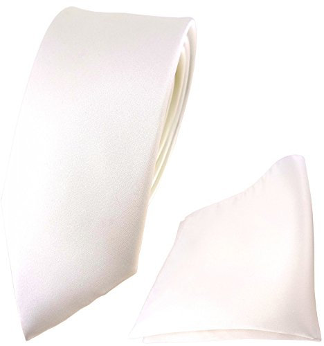 TigerTie schmale Satin Seidenkrawatte + Seideneinstecktuch in creme weiss einfarbig Uni