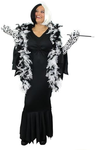 DALMATINER-LADY-CRUEL-DE-VILL, EVIL DOG LADY KOSTÜM ,FÜR KARNEVAL ODER FASCHING IN 6 VERSCHIEDENEN GRÖSSEN ODER AUCH TOLL FÜR HALLOWEEN = VON ILOVEFANCYDRESS®= DIESES KOSTÜM BESTEHT AUS 5 TEILEN = 1 SCHWARZES LANGES KLEID + 1 PERÜCKE EINE HÄLFTE SCHWARZ UND DIE ANDERE HÄLFTE WEISS + 1 SCHWARZ/WEISSE 80 gramm FEDERBOA + WEISSE LANGE HANDSCHUHE MIT SCHWARZEN PUNKTEN + LANGE ZIGARETTENSPITZE = KLEID IN DER GRÖSSE LARGE
