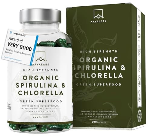 Bio Spirulina Chlorella Algen Kapseln [1800mg pro Dosis] - 200 Spirulina Pulver und Chlorella Pulver Kapseln Hochdosiert, 100% Vegan und Glutenfrei