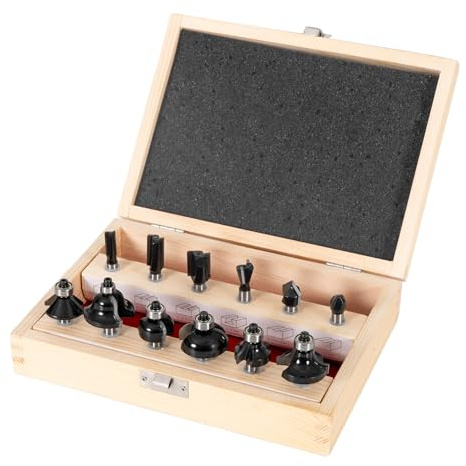STIER Fräser Set 12-tlg, 8 mm Schaft, Fräser für Oberfräse, umfangreiches Holzfräser Set in hochwertiger Holzbox, für Kantenfräsen und Einhandfräsen, lange Standzeit