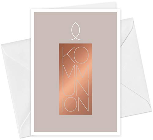 20er Set Einladungskarten & Umschläge, Kommunion Kerze & Fisch, Klappkarten Format A6, mit Heißfolienprägung (Kupfer)