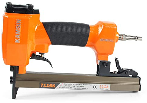 Kamsin 7116K Type 71 Pneumatic Upholstery Staple Gun with 300 Staples, 6-16mm Length Staples Fine Wire Staple Gun, 22 Gauge 9.0mm Crown Air Upholstery Stapler for Furniture, Upholstery, Woodworking