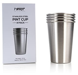 7 Steps - Edelstahl Pint Becher 500ml / 16oz - langlebig - wiederverwendbar - Party - Outdoor - Wandern - Camping - Picknick - Stapelbarer Becher für Biersaft Soda (4 Stück) (Silber)