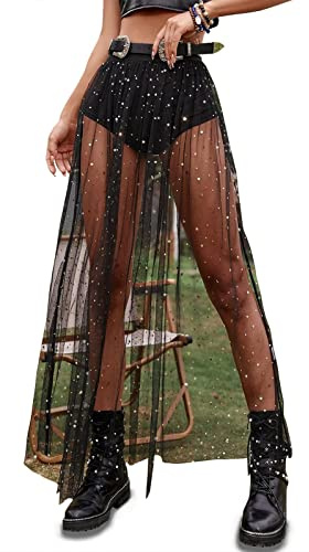 Rave Outfits for Women 2 in 1 Sheer Skirt Festival Clubwear Mesh High Waist Print A Line Maxi Skirt Black2# Star-S