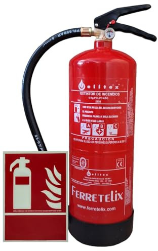 FERRETELIX. Estintore ad alta efficienza 6 kg include supporto da parete + base in PVC + cartello fotografico A4 210 x 297 mm Data di produzione 2025 g