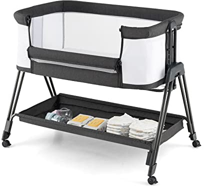 LIFEZEAL 3 in 1 Beistellbett Baby, Babybett mit Atmungsaktivem Netz, Aufbewahrungskorb, Höhenverstellbarer Baby Zustellbett, Tragbare Reisebett für Baby 0-6 Monaten, Reisebett Baby mit Matratze