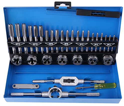 YyDDs Gewindebohrer- und Matrizensatz, Grobgewinde-Taping-Kit, Schraubenschlüssel, Gewindelehre, Hand-Hardware-Werkzeuge, tragbar für Fahrzeuge, Maschinen zum Erstellen von Gewinden, 32 Stück