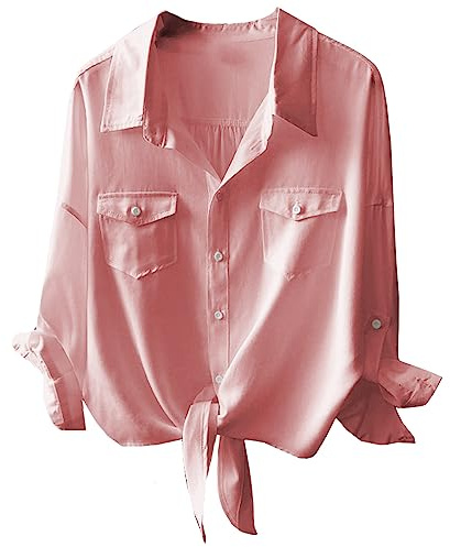 Womens Button Down V Neck Shirts 3/4 Sleeve Tie Front Loose Office Business Shirt Blouse Summer Casual Tops, Pink, XL