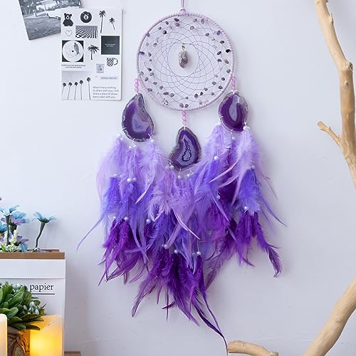 KHOYIME Agate Dream Catcher, Handmade Feather Dreamcatcher with Healing Crystal Stone Natural Gemstone Dream Catchers, Wall Art Hanging Decor Home Ornaments Craft Gift for Girls Adult Bedroom (Purple)
