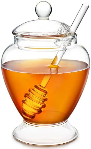 Teabloom Pure Bliss Honey Jar with Dipper and Lid - Hand-Crafted with Highly Hygienic, Non-Porous Borosilicate Glass (14 oz)