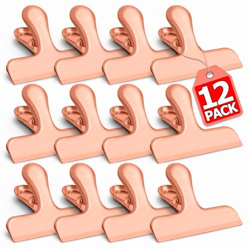 VNDUEEY Lot de 12 pinces à frites en acier inoxydable pour sacs alimentaires, pinces hermétiques pour sachets de collation, clip robuste pour bureau et cuisine, 7,6 cm, or rose
