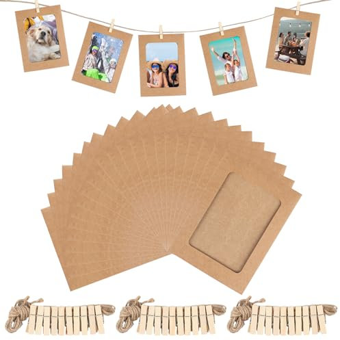 30 st pappersfotoramar, kraftpapper fotoram, 15,2 x 11,5 cm kartongbildram för pyssel, fotogirlang för upphängning med träklämmor och hamparep för hängande väggdekoration rum, dekoration