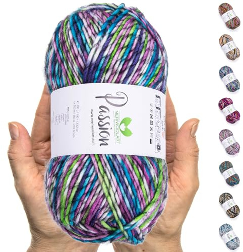 MeriWoolArt Merino Wolle zum Stricken – 200 m Mehrfarbige Dicke Merinowolle – Weiche Wolle zum Häkeln und Armstricken für Pullover, Schals, Decken, Tücher, DIY Strickprojekte