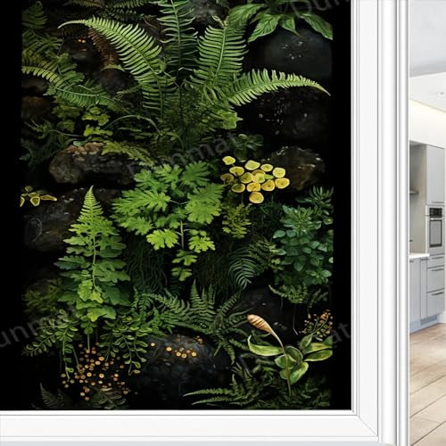 Tropische Farne Buntglas Fensterfolie Modern Grün Wildpflanze Blätter Sichtschutz Fensterfolie Nicht klebende Glasfolie Dekorative Statische Frischhaltefolie für Home Office 45 * 60cm