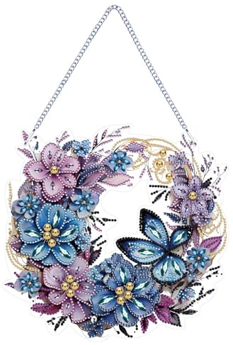 CXINLky DIY Diamond Painting Couronne de porte Pendentif avec chaîne, peinture diamant images de fenêtre, papillon 5D Diamond Painting Kits pour fenêtre mur entrée jardin décor-02 fleur