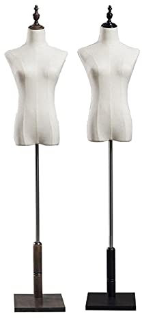 OZSSLJJ Schneiderpuppe Torso Höhe verstellbar Frau Schneiderpuppe, Flachs Bezug Puppe, Schaufensterregal mit Holz(Retro+Black,Medium)