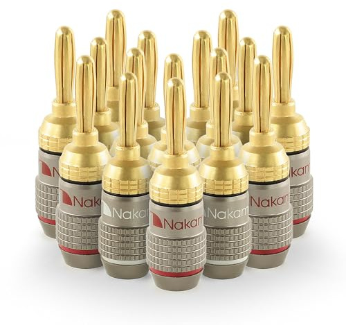 Nakamichi FanLock Excel-Serie 24 Karat vergoldeter Bananenstecker, 10 AWG – 18 AWG, 4 mm Dicke für Lautsprecherverstärker, Hi-Fi Stereo Heimkino Audiokabel Schnellanschluss, 16 Stück (8-Paare)