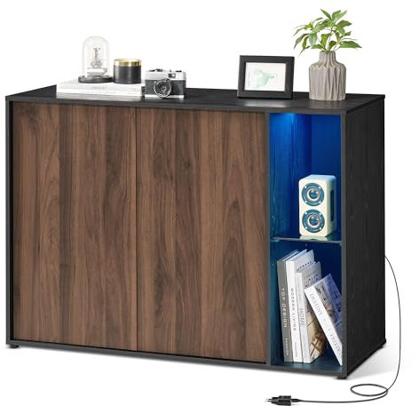 SONGMICS HOME Montaje Ultrarrápido sin Herramientas Toolless, Mueble TV, Armario de Almacenamiento, Aparador con Iluminación y Estante de Cristal, Nogal Natural y Negro Ébano BBK372B01