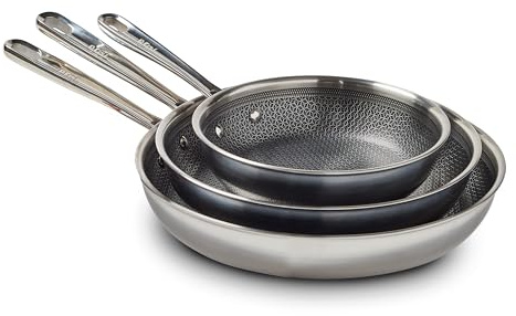 T-Fal HybridMesh - Juego de 3 utensilios de cocina de acero inoxidable de tres capas, 8, 10.25 y 12 pulgadas, apto para horno de inducción 500F, apto para utensilios de metal, antiadherente platino,