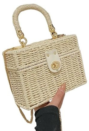 WANGSHAOWEI Strohtasche Sommerbox Kleine Geldbörse und Handtaschen for Frauen Rattan Stroh gewebt Umhängetasche Schultertasche Damenmode Kette Reise Strandtaschen Runde Strohtasche(Beige)