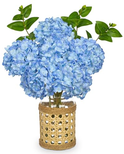 Oairse Flores artificiales de hortensias con jarrón de cristal con cubierta de ratán, flores de seda azul de 32 cm, en jarrón para decoración de casa de campo, hogar, oficina, arreglo floral sintético