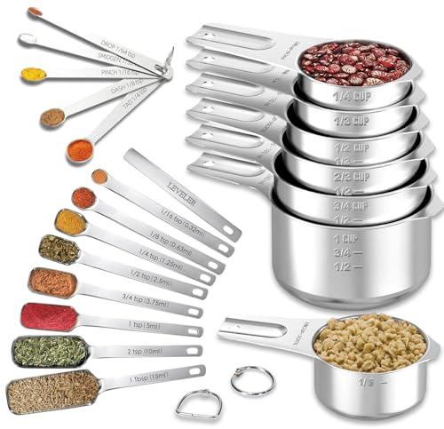 21Pcs Stainless Steel Measuring Cups & Spoons Set – 7 Nesting Metal Measuring Cups, 8 Rectangular & 5 Mini Measuring Spoons with Leveler Fits Spice Jars, Kitchen Gadgets for Cooking & Baking