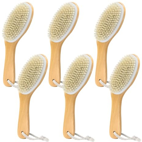 GIWOSK 6 Pack Dry Brushing Body Brush, Soft Natural Bristle Exfoliating Dry Brush with Contoured Wooden Handle for Lymphatic Drainage Cleaning Body Skin Care