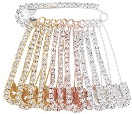12 PCS Fancy Gold Safety Pins, Rhinestone Gold and Silver Safety Pins for Clothes, Deco Brooches Hat Pins for Women, Crystal Brooch Pin for Clothes Hats Shawl