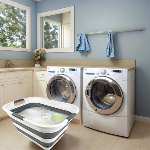 SAMMART Zusammenklappbarer Wäschekorb aus Kunststoff, Waschwanne, faltbarer Pop-Up-Aufbewahrungsbehälter, platzsparender/tragbarer Wäschekorb. Ideal für Zuhause, Reisen (Weiß/Stahlgrau, 30L)