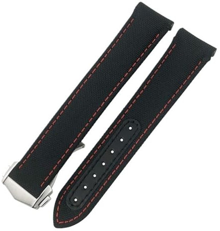 XMKT Faltschließe Nylon-Lederarmband 20 mm für Omega Seamaster AQUA TERRA 150 GMT Uhrenarmband mit gebogenem Ende(Black red)