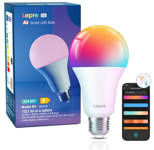 Lepro AI Smart Glühbirne B3, E27, 1521lm, dimmbar, WLAN/Bluetooth, RGB+CCT | KI-Lichtdesigner und Foto-zu-Licht erzeugen persönliche Szenen; App und Sprachbefehle regeln Farbe und Helligkeit; im Alltag
