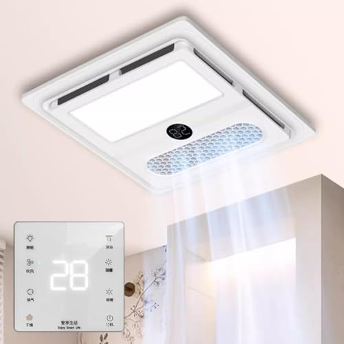 Vcyex Bathroom Extractor Fan with Remote Control, Blowing, Heating 2 Gears, Ventilation, Temperature Display, LED Light, Heater 2800W, Shower Extractor Fan with Light White, 35 * 35 * 8CM