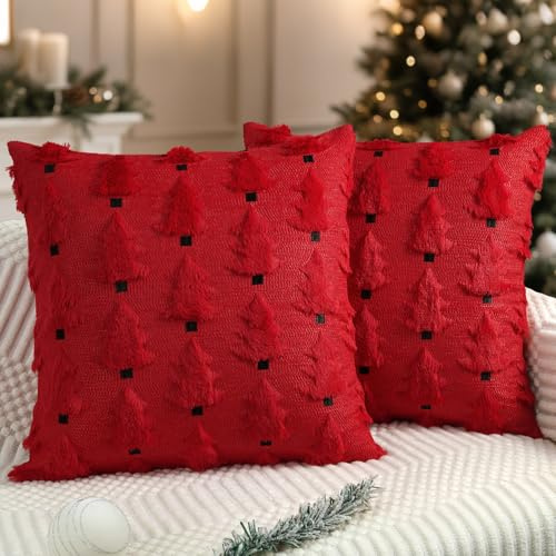 Miaikoe Weihnachtskissenbezüge 50x50 cm Set von 2 weiche Plüsch-Impost-Fell-Weihnachtsbaum-Wurfkissenbezüge für Winterferien-Xmas-Dekoration Rot