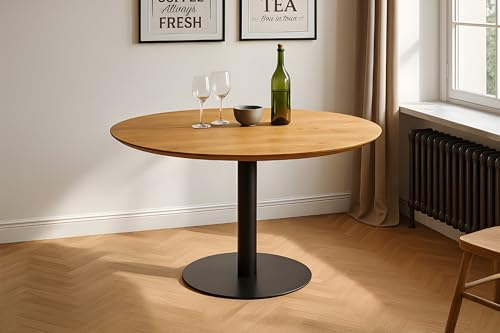 SAM Runder Bistrotisch Brasilian | 100 x 100 cm | Eichenholz massiv | Wildeiche geölt | Schweizer Kante | Säulen-Gestell Metall Schwarz | Holztisch/Säulentisch/Esstisch für Küche & Café