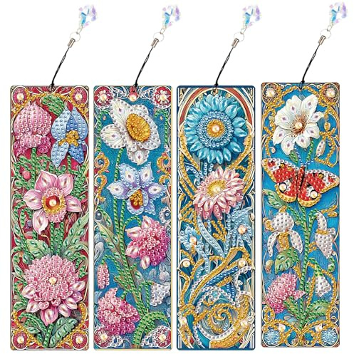 JICFDAO Diamond Painting Bookmarks 4 Stücke Lustige Lesezeichen Buchmarkierungen Quasten Diamant Malerei Lesezeichen Papier Mosaik Bastelset Geschenke für Bücherwurm Lehrer und Leseliebhaber Blumen