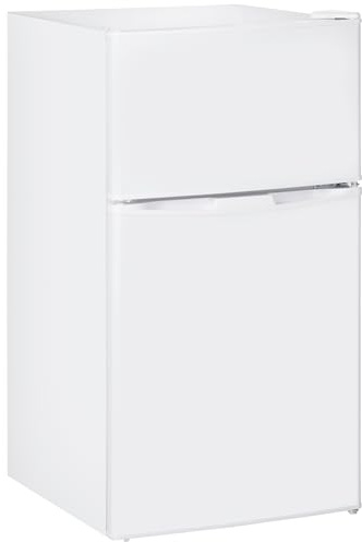 HOMCOM 88L Under Counter Fridge Freezer with 5-Setting Thermostat, Small Fridge with Light, 2 Reversible Doors, Removable Shelves and Ice Box, 3 Star Freezer Rating, E Rated, White