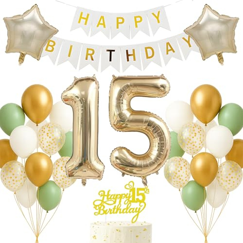 Geburtstagsdeko 15 Jahre Gold Grün mit Zahlenballon 15 Partydeko Kindergeburtstag Teenager Junge Mädchen Helium Luft Fotohintergrund Raumdeko Tischdeko Hintergrund Dekoration 15. Geburtstag