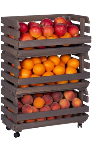STOLMAK Obstkiste Holz auf Rollen 57 x 79 x 30 cm Kartoffel Obst Gemüse Aufbewahrung Regal mit Körben Stapelkisten Holzkiste Groß Aufbewahren Gemüsekiste 3 Etagen Farbe Grau