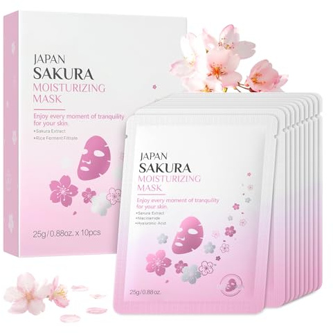 BeauBase Kit de Mascarillas Faciales Sakura, 10 Piezas Mascarillas Faciales Hidratantes y Calmantes, Kit de Skincare Niñas para Hidratante Iluminador SPA Fiesta
