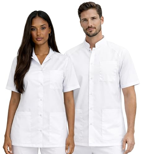SRC Création Blouse Tunique médicale Blanche Mixte – Polycoton 65/35 – Oeko-TEX – Col Mao et Manches Courtes - XS - 0 - Blanc - Lot de 1