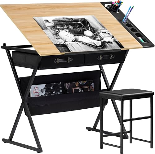 VECELO Drafting Table Art Desk Art Table Adjustable Drawing Table Tilted Tabletop with 2 Storage Drawers and Stool, Drawing Desk for Artist Painters Drawing, Crafting, Reading, Writing, Natural