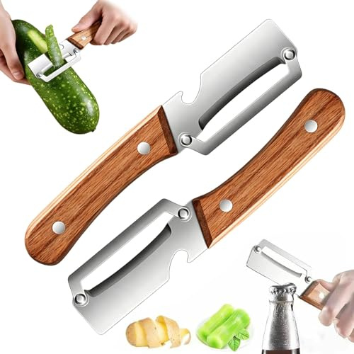 2PCS Éplucheur de Légumes Multifonctionnel pour La Cuisine avec Lame en Acier Inoxydable Ultra-Aiguisée et Manche en Bois Ergonomique – Épluchage Sans Effort des Pommes de Terre, Pommes, Carottes