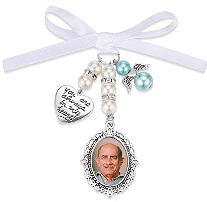 PiercingJak Médaillon Photo Bouquet Mariage Personnalisable pour Mariée Pendentif Noeud avec Vintage Médaillon Porte Photo pour Fiançailles Charme Memoriale Cadeau Mariée Mariage Accessoires (1 Image)
