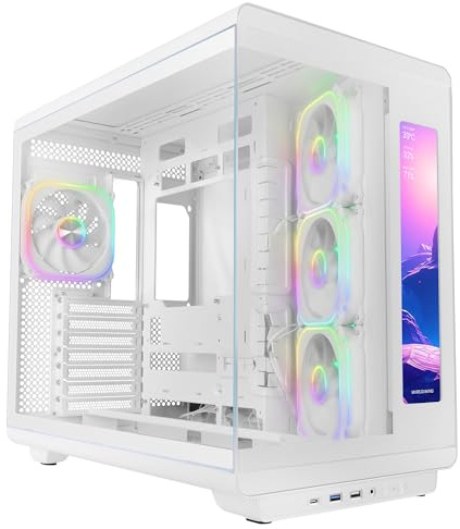 Mars Gaming MC-REVMAX, Caja PC ATX, Pantalla IPS 11.8, Cristal Templado Continuo, 4 Ventiladores PWM ARGB, Refrigeración Líquida hasta 360mm, Compatible Placas Base de Conector Inverso, USB-C, Blanco