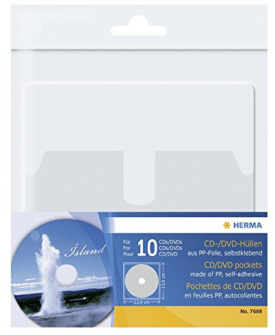 HERMA 7688 CD DVD Hüllen für Ordner zum Aufkleben, 10 Stück, 129 x 130 mm, Sichthüllen mit vollflächig selbstklebender Rückseite und Sicherheitslasche, transparent