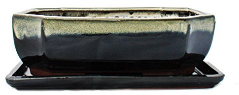 Exotenherz - Bonsai-Schale mit Unterteller Gr. 4 - Sonderglasur mit edlem Farbverlauf-Effekt - rechteckig G117 - schwarz-weiss - L 25,5cm - B 19,5cm - H 8,2cm